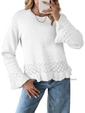 Crochet Pullover Sweater Ruffled Hem Bell Sleeve Top